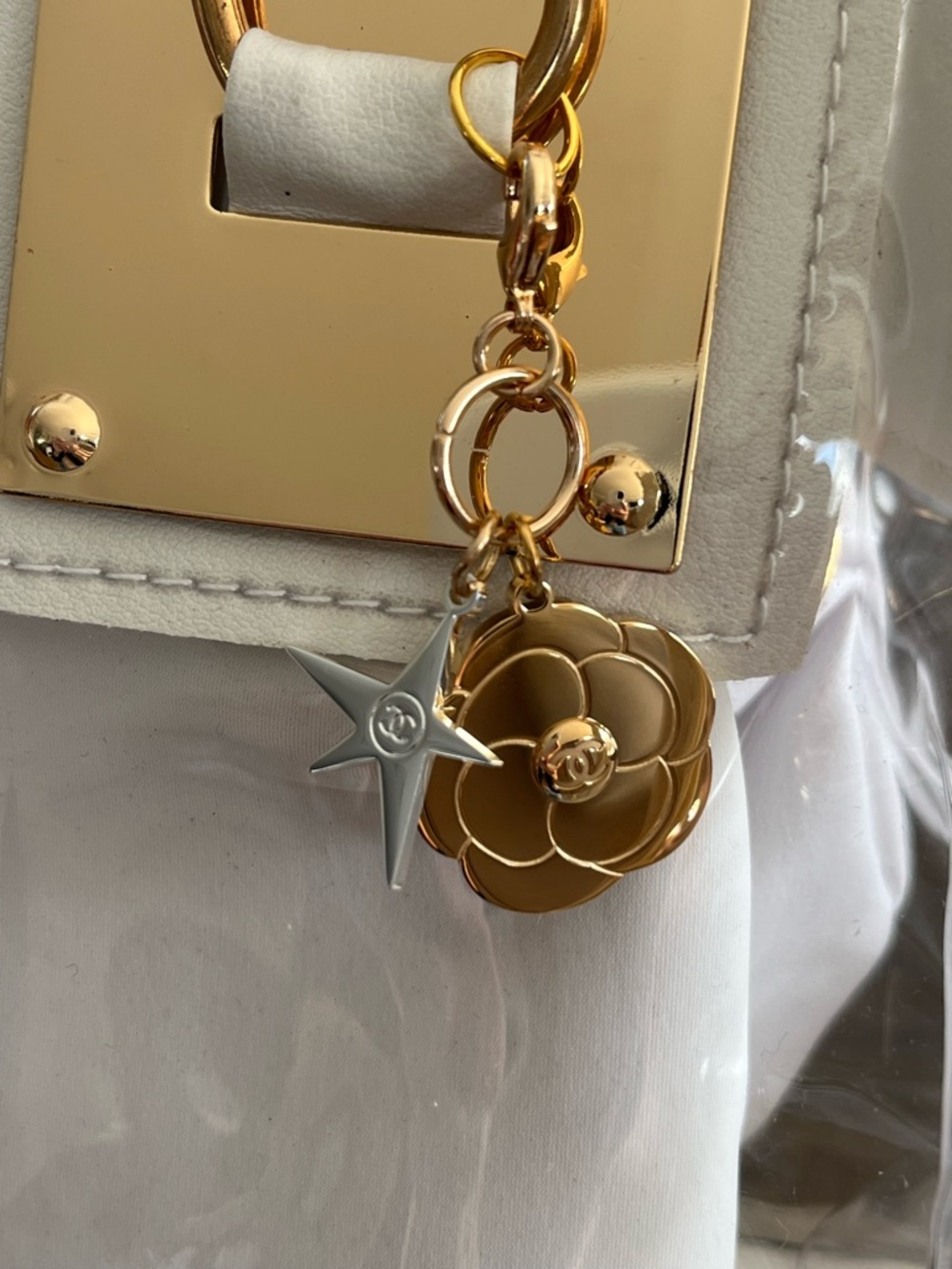 Custom Upcycled Chanel Beauté Clear Bag w Authentic Charms, Ribbon & Makeup Bag - Picture 10 of 16